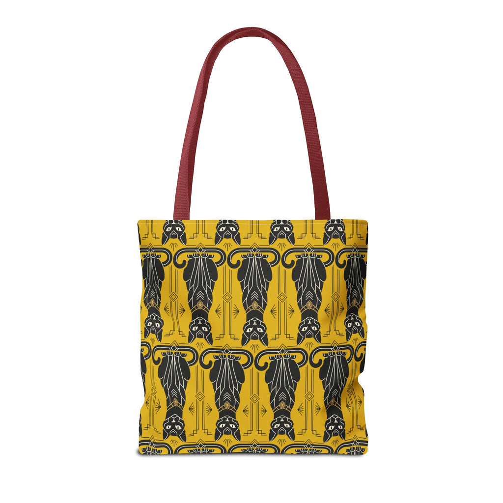 Yellow tote bag with black Art Nouveau cat pattern and red shoulder straps