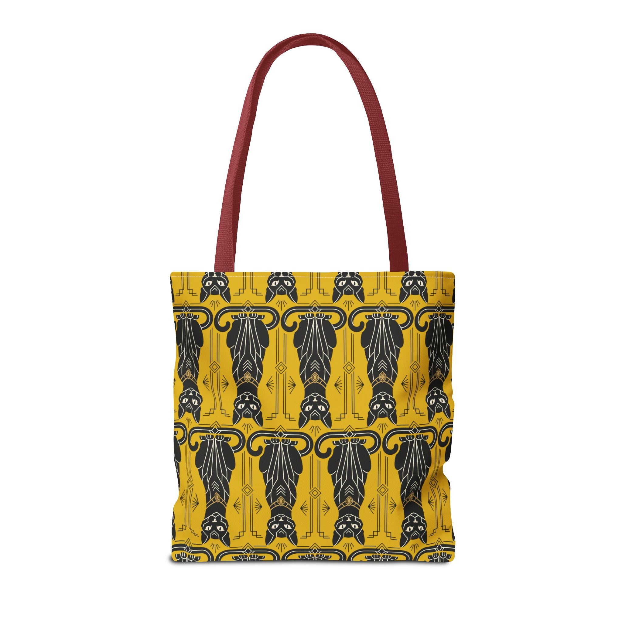 Yellow tote bag with black Art Nouveau cat pattern and red shoulder straps