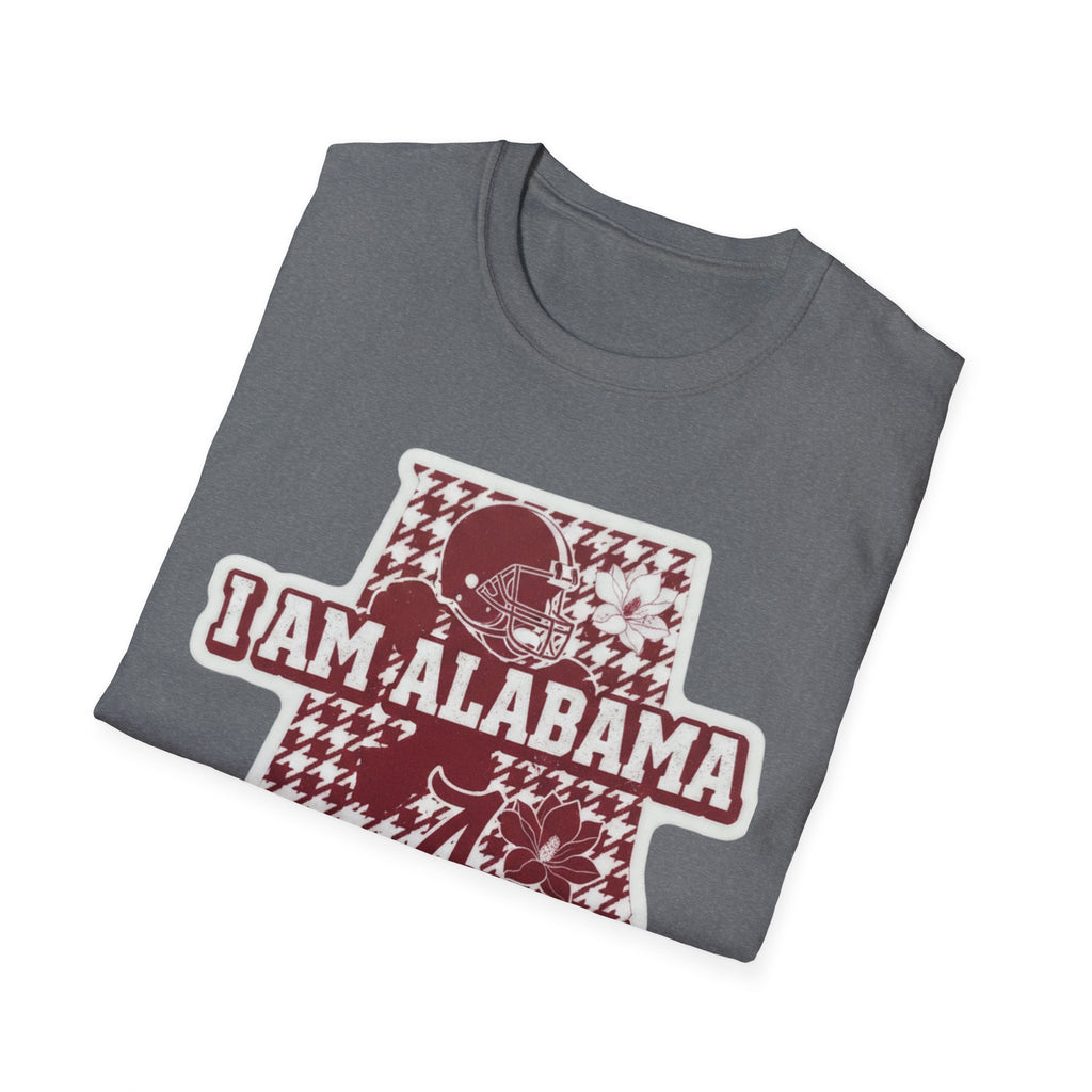 Dark heather T-shirt with I AM ALABAMA football graphic in crimson and white