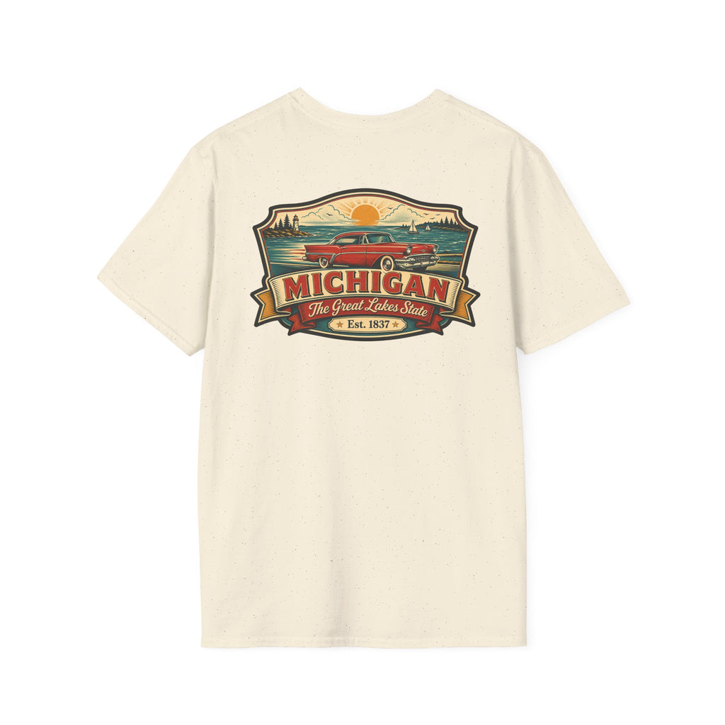 Natural cream T-shirt with Michigan emblem and red car graphic on front
