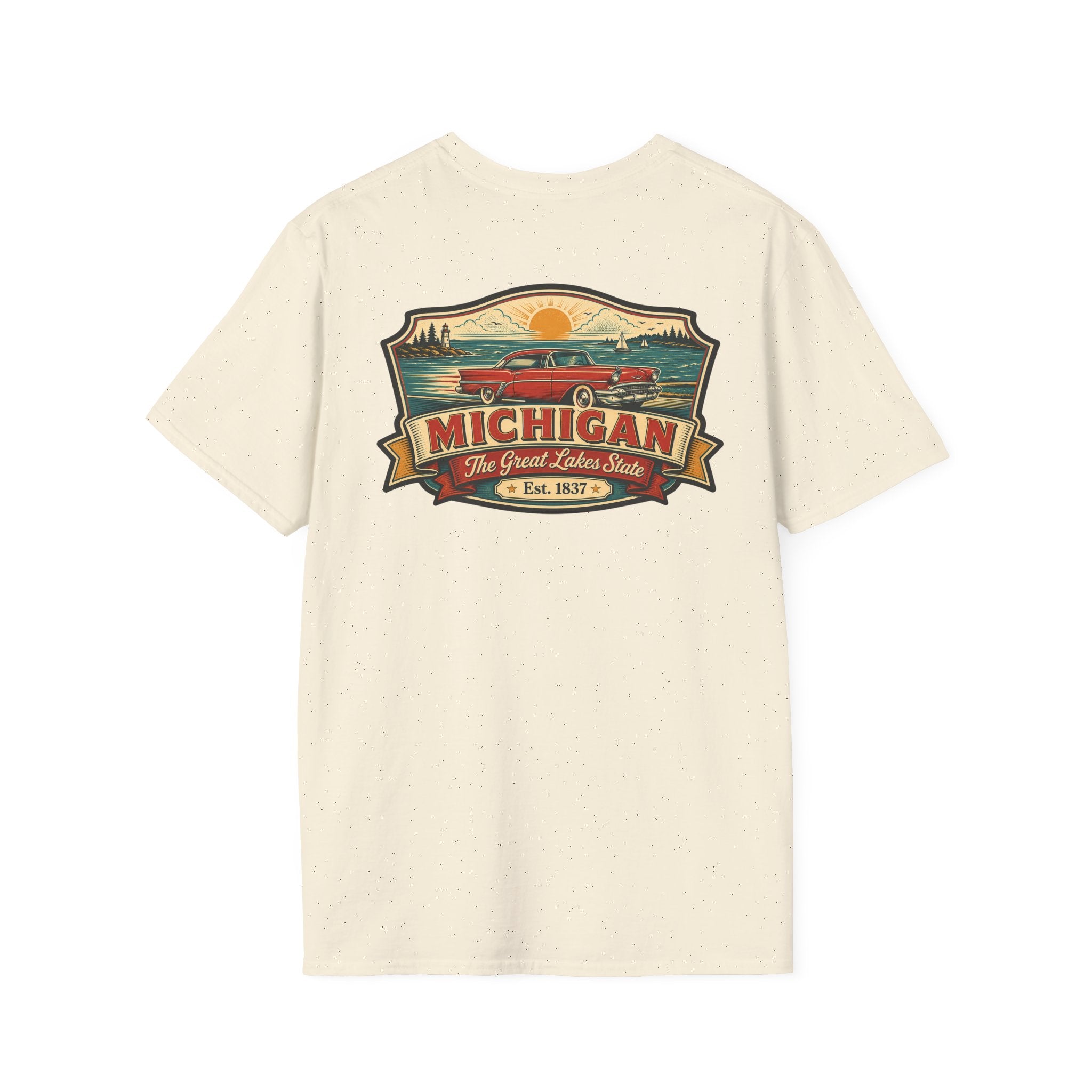 Natural cream T-shirt with Michigan emblem and red car graphic on front