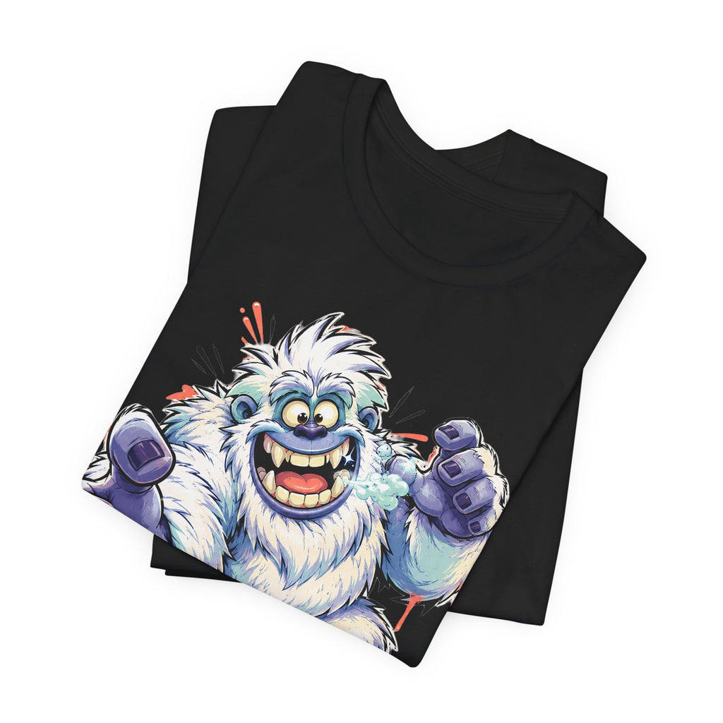 Black T-shirt with cartoon yeti monster graphic, roaring and gripping blue-fisted fists