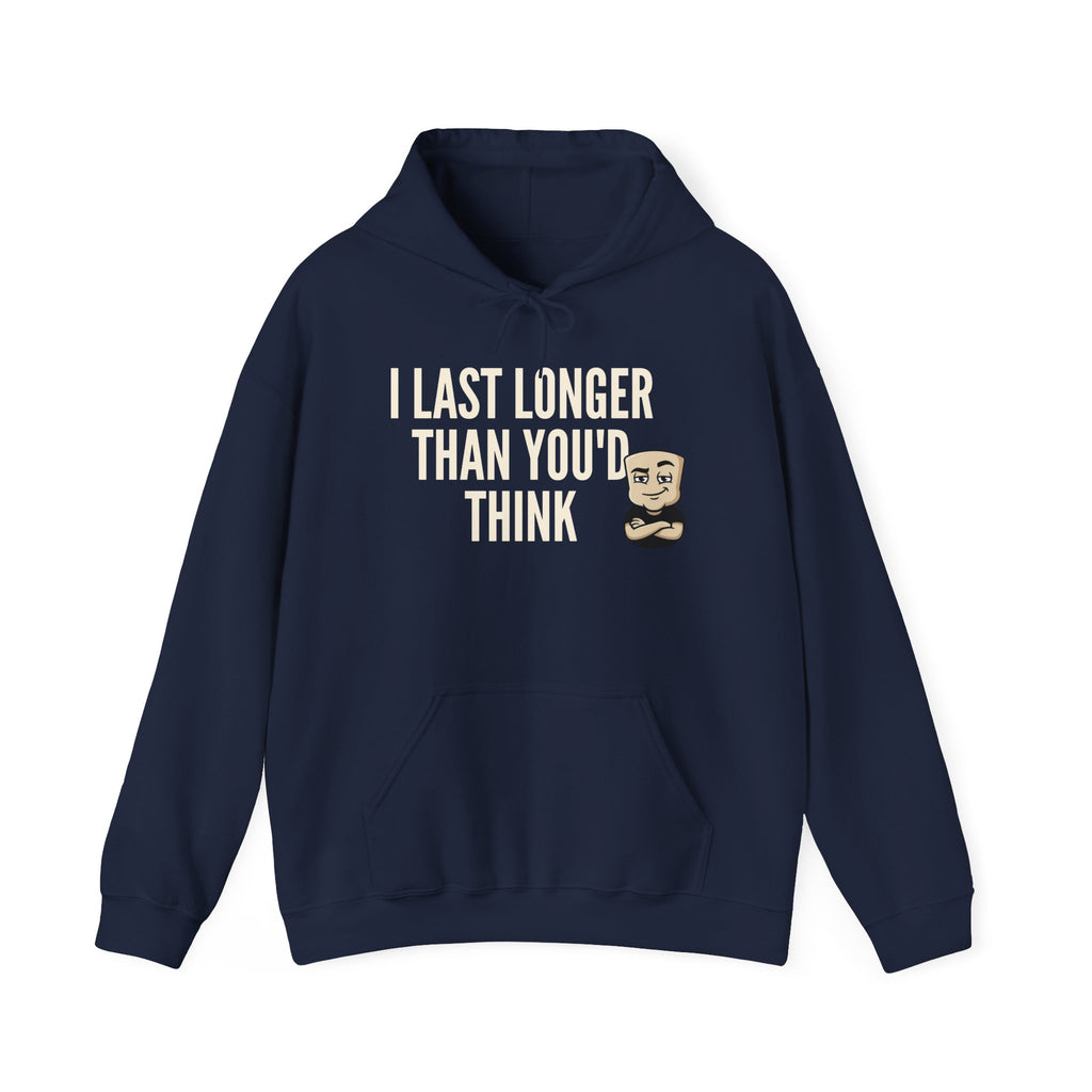 Navy hoodie with front pocket and drawstring hood, bearded face graphic on chest.