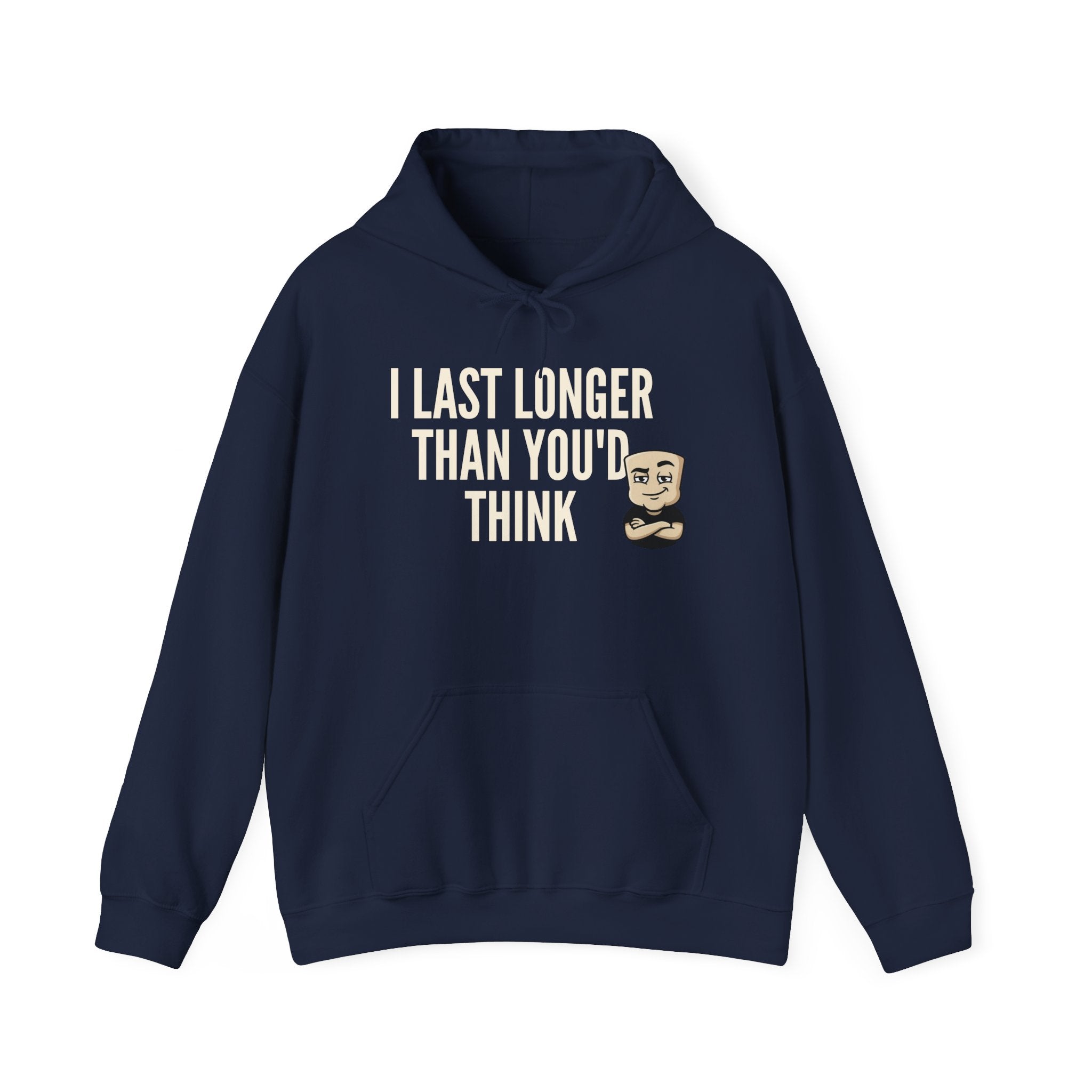 Navy hoodie with front pocket and drawstring hood, bearded face graphic on chest.