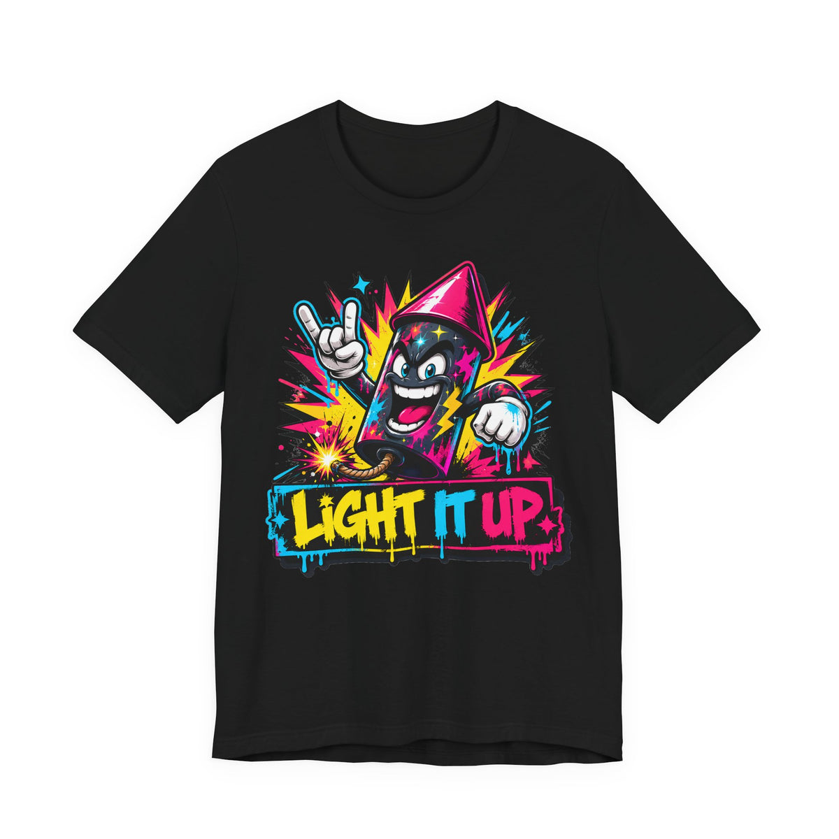 Black T-shirt with colorful graffiti character “Light It Up” graphic on front.