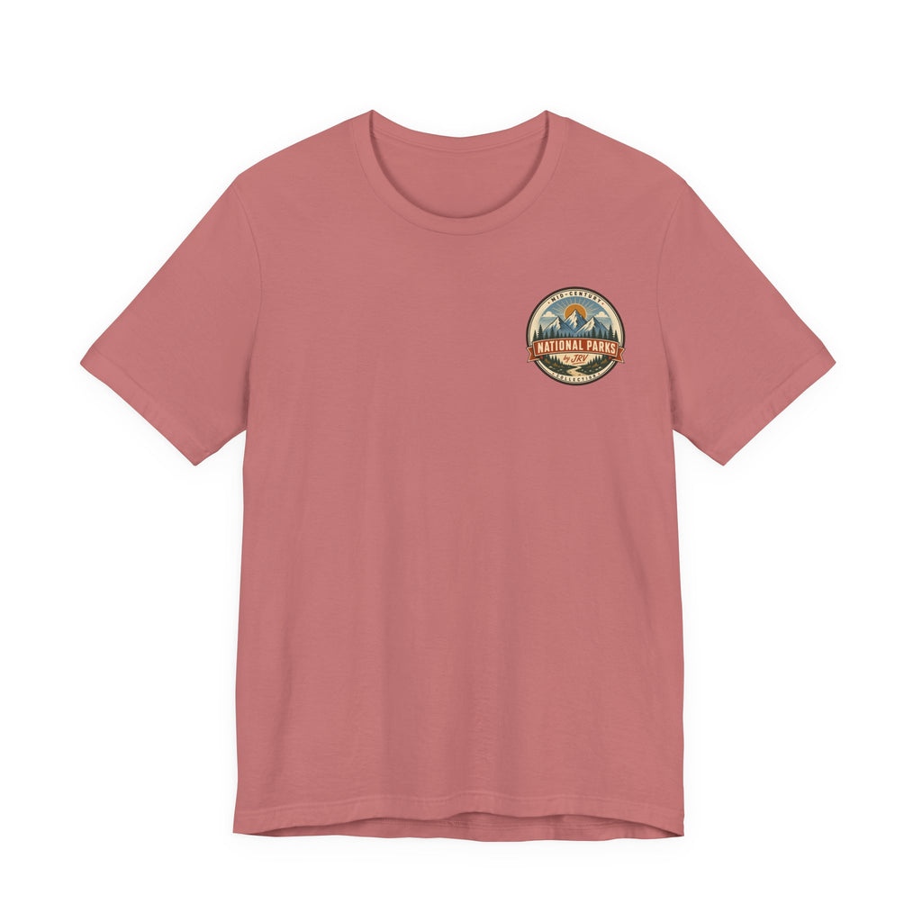 Dusty rose crewneck T-shirt with small round Zion National Park logo graphic