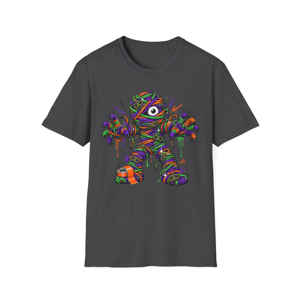 Dark gray crew-neck T-shirt with colorful wrapped monster mummy illustration