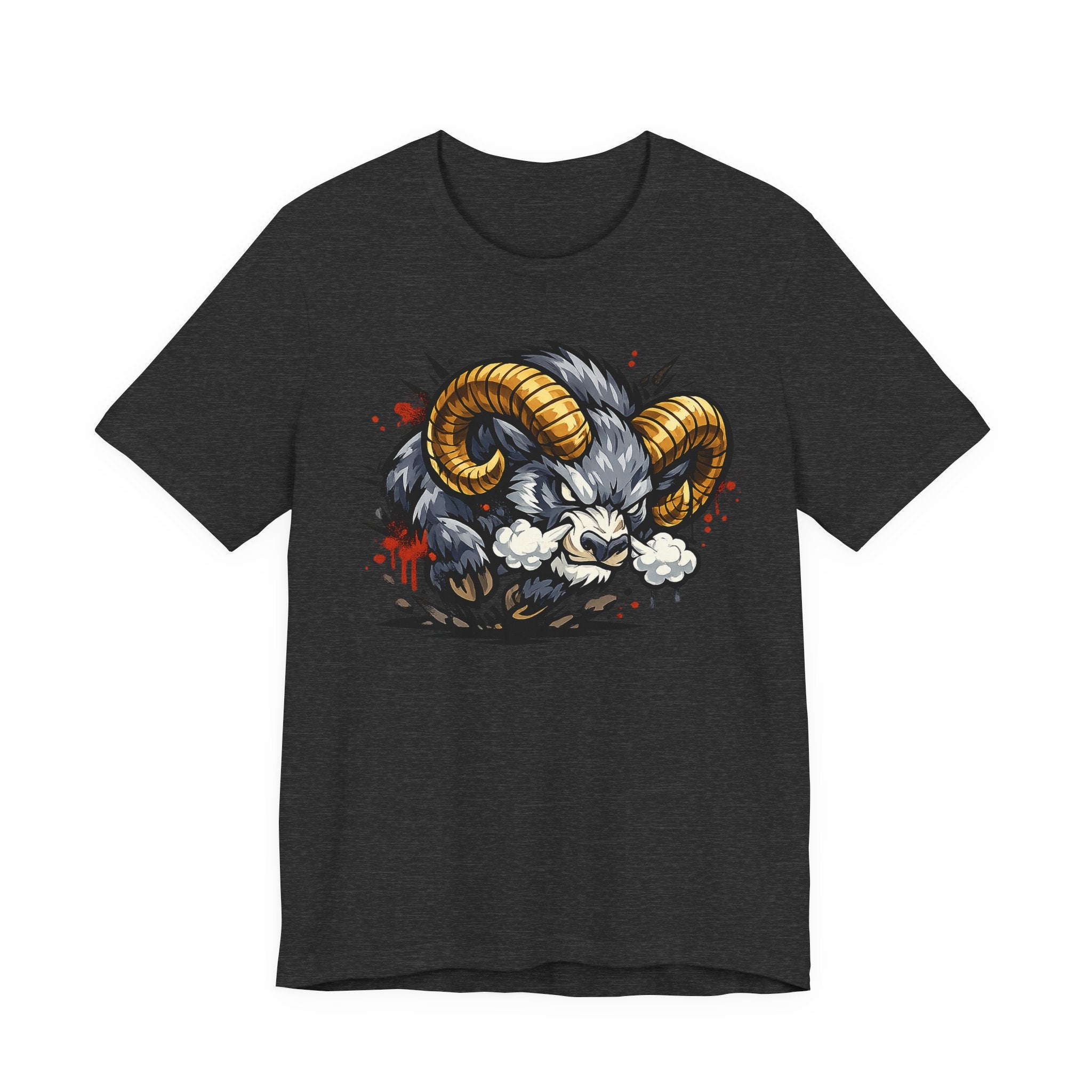 Charcoal crew-neck T-shirt with angry ram graphic in gold, black, and white
