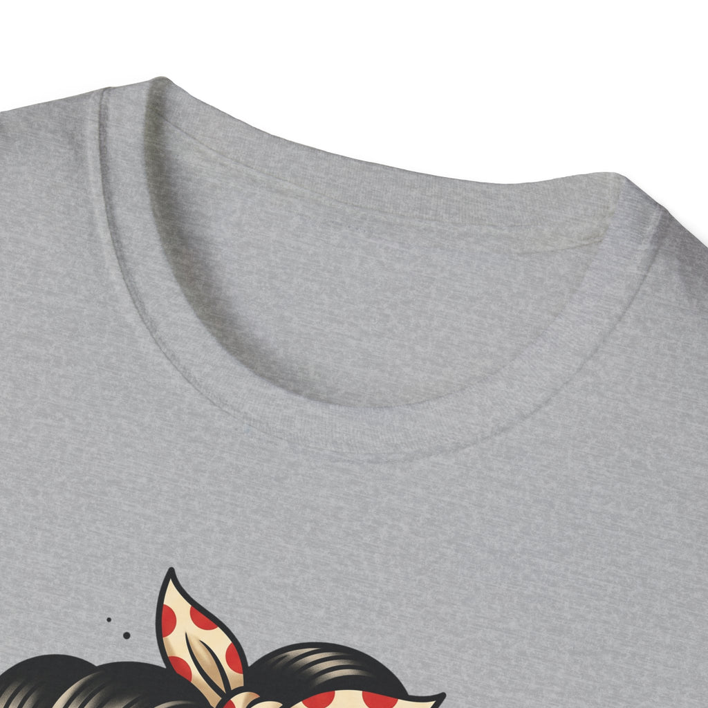 Heather gray T-shirt neckline with partial pin-up sugar skull graphic peeking below