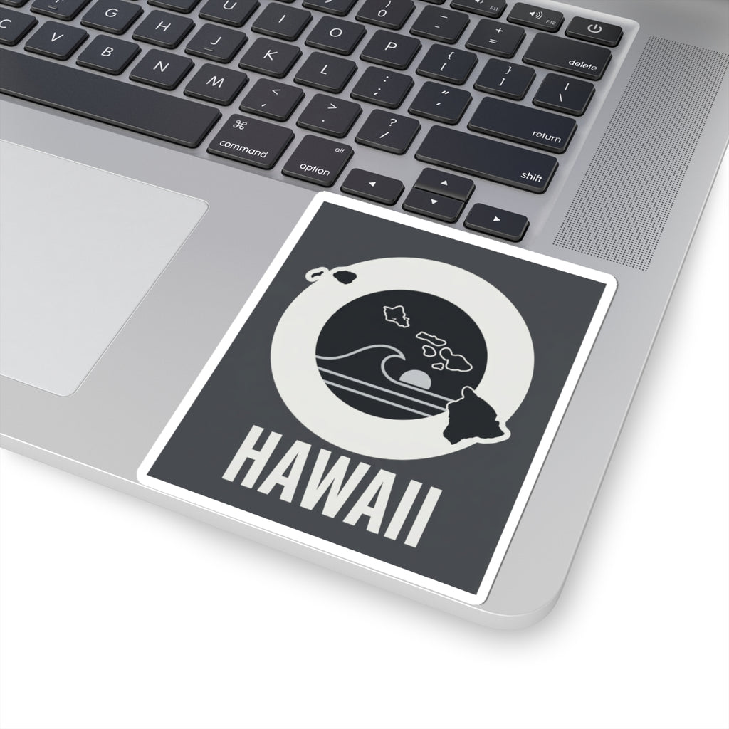 Square kiss-cut sticker on laptop, white-bordered design with HAWAII text and wave emblem