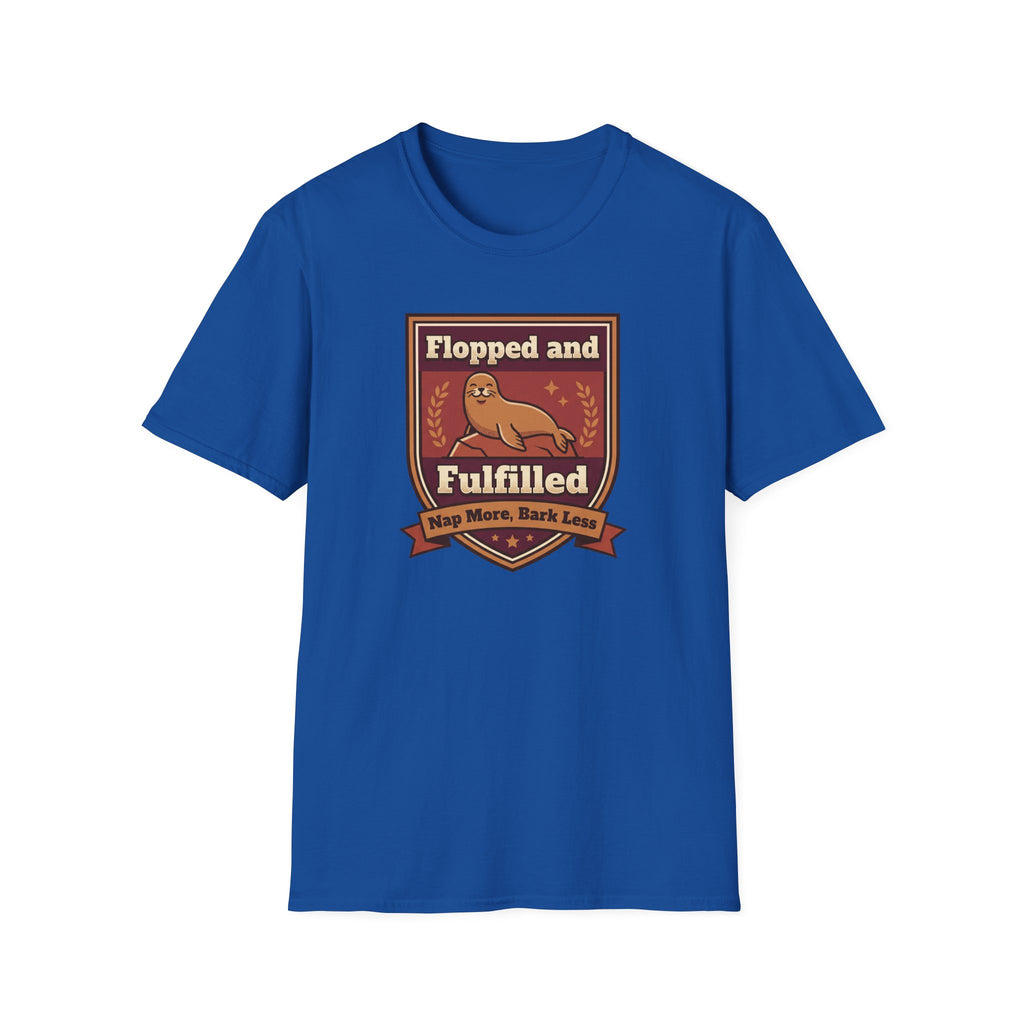 Royal blue seal graphic T-shirt with “Flopped and Fulfilled” emblem on the chest
