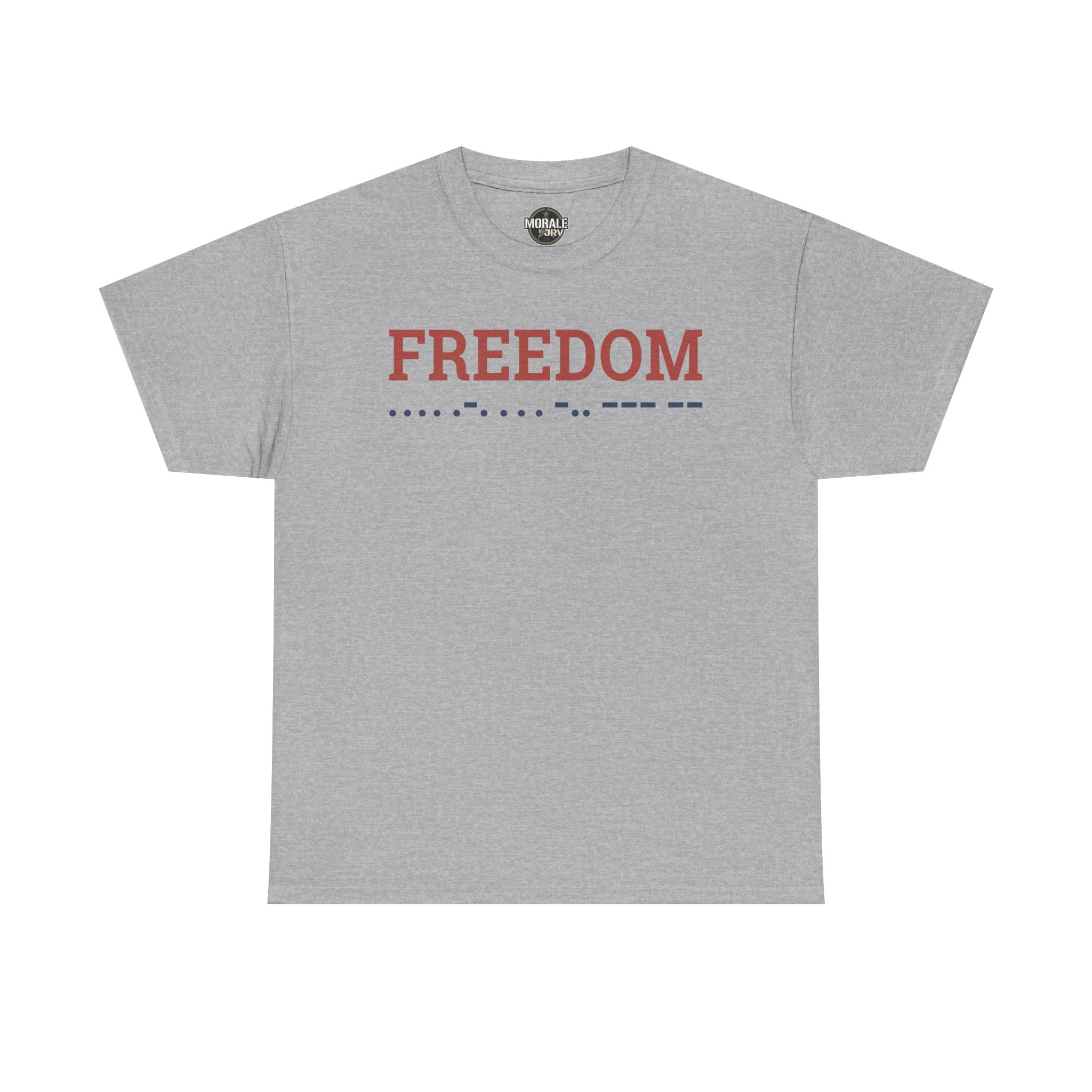 Freedom T-shirt, sport grey crewneck with 'FREEDOM' Morse code graphic