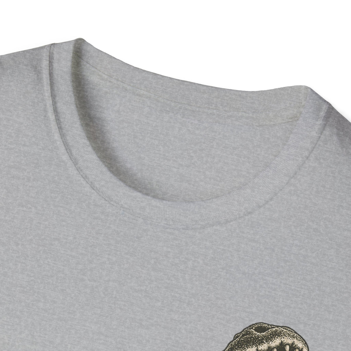 Heather gray crewneck T-shirt neckline close-up
