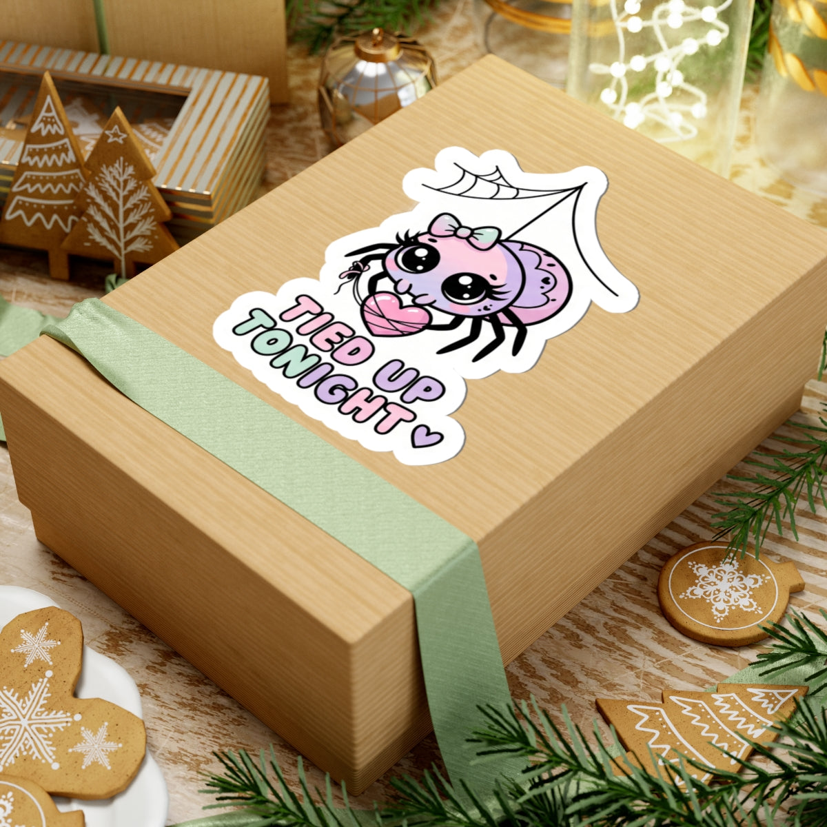Kiss-cut sticker: pink spider character with bow and heart, 'TIED UP TONIGHT' text