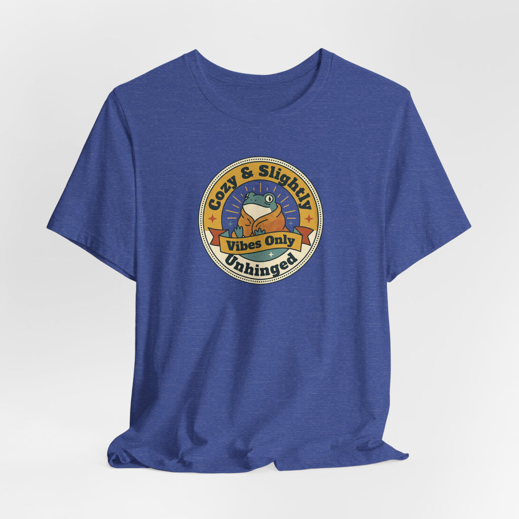 Blue crew-neck T-shirt with round sloth graphic and slogan print on the chest