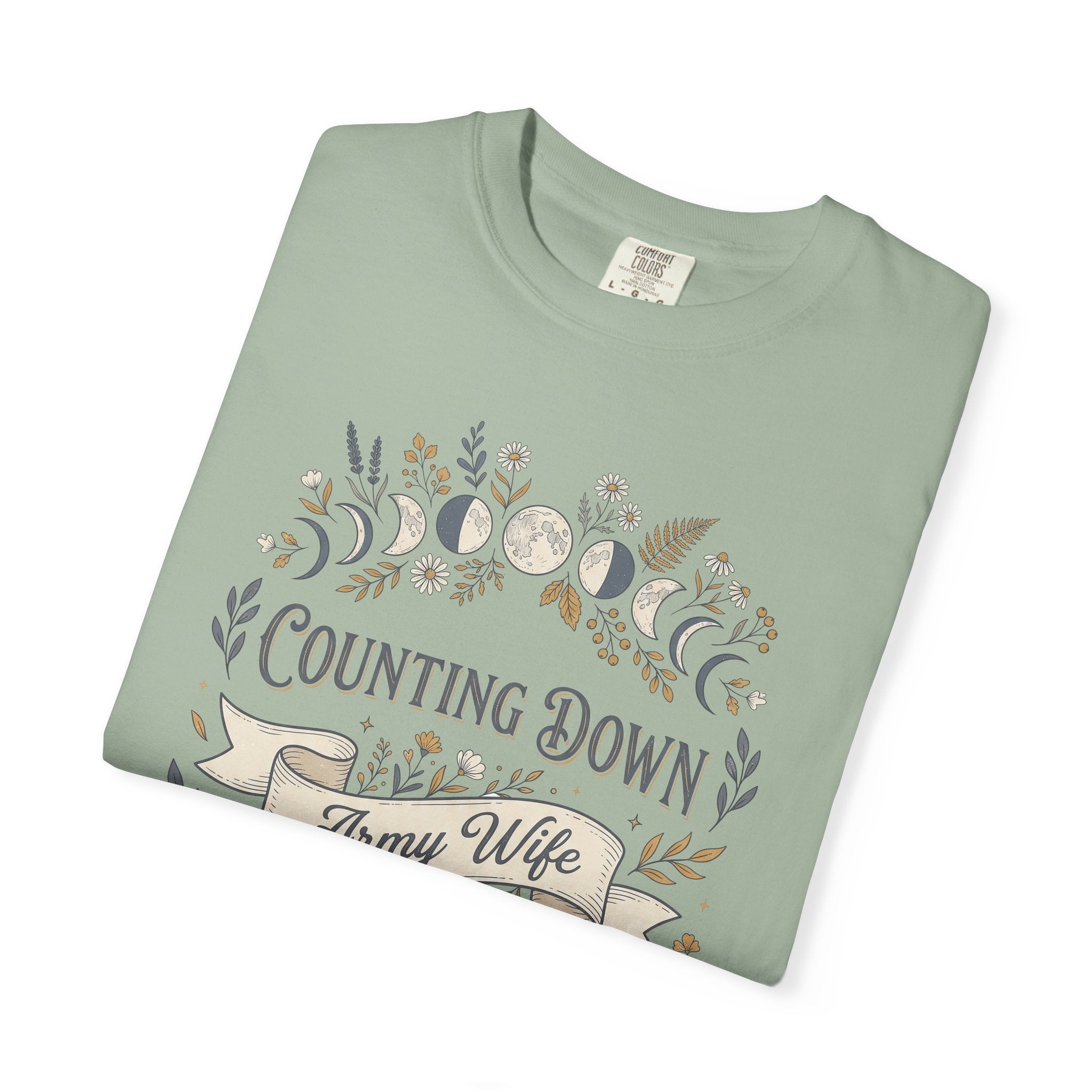 Seafoam green crewneck t-shirt with floral countdown graphic on the front