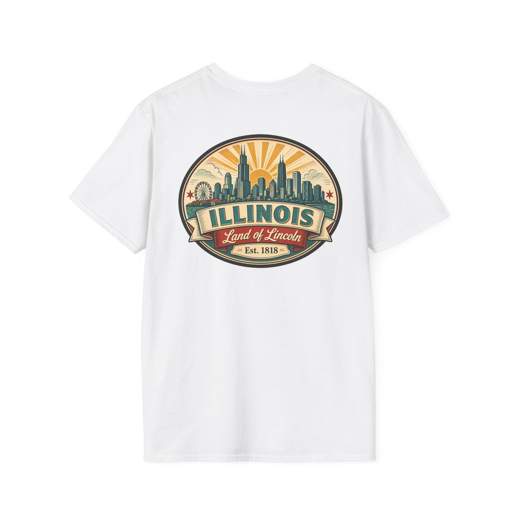 White T-shirt with circular Illinois skyline badge, Est. 1818