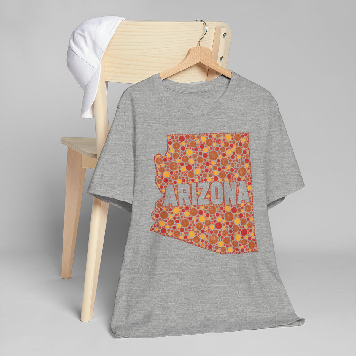 Heather gray crewneck T-shirt with red and orange patterned Arizona graphic on front