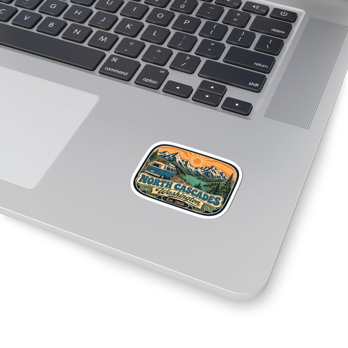 North Cascades National Park sticker: mountain badge with text, white kiss-cut border