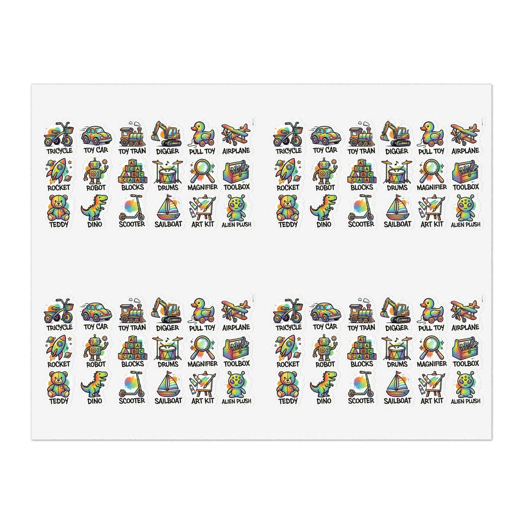 Toy icon sticker sheet, die-cut labels with drums, magnifier, toolbox, and blocks