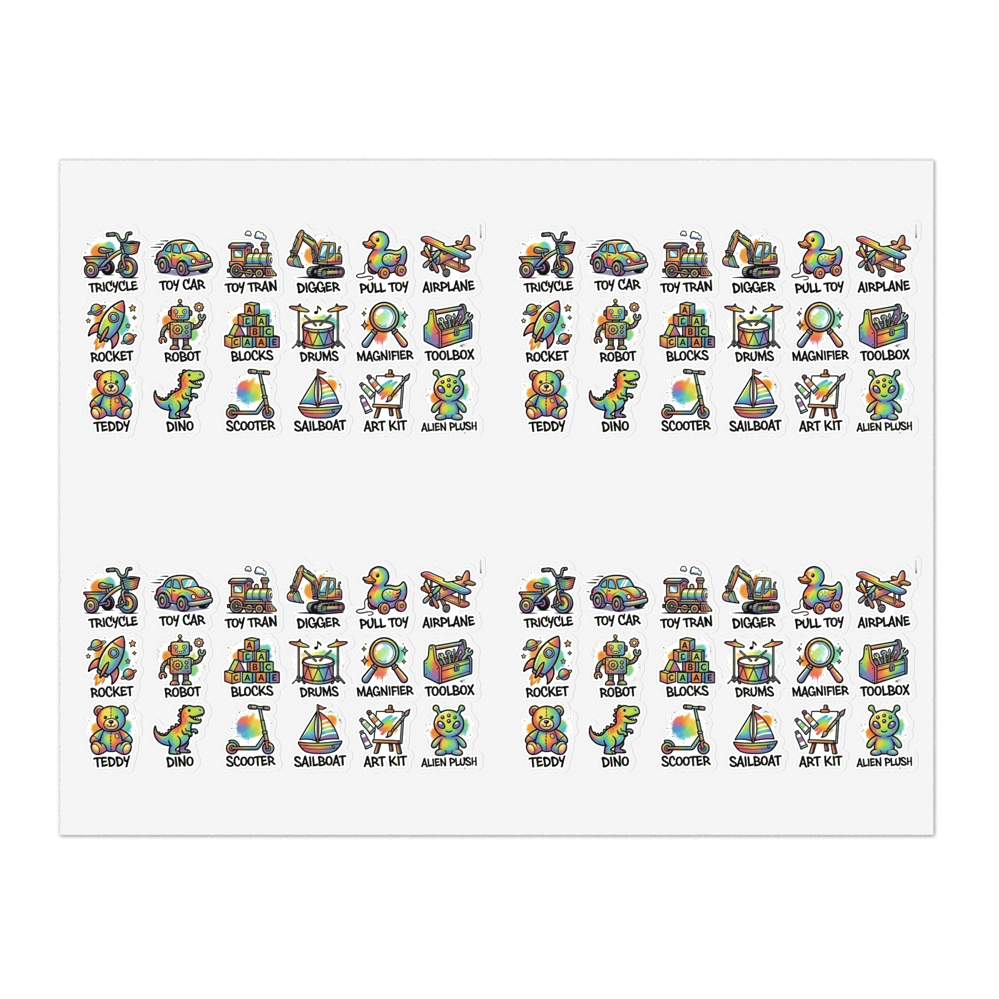 Toy icon sticker sheet, die-cut labels with drums, magnifier, toolbox, and blocks