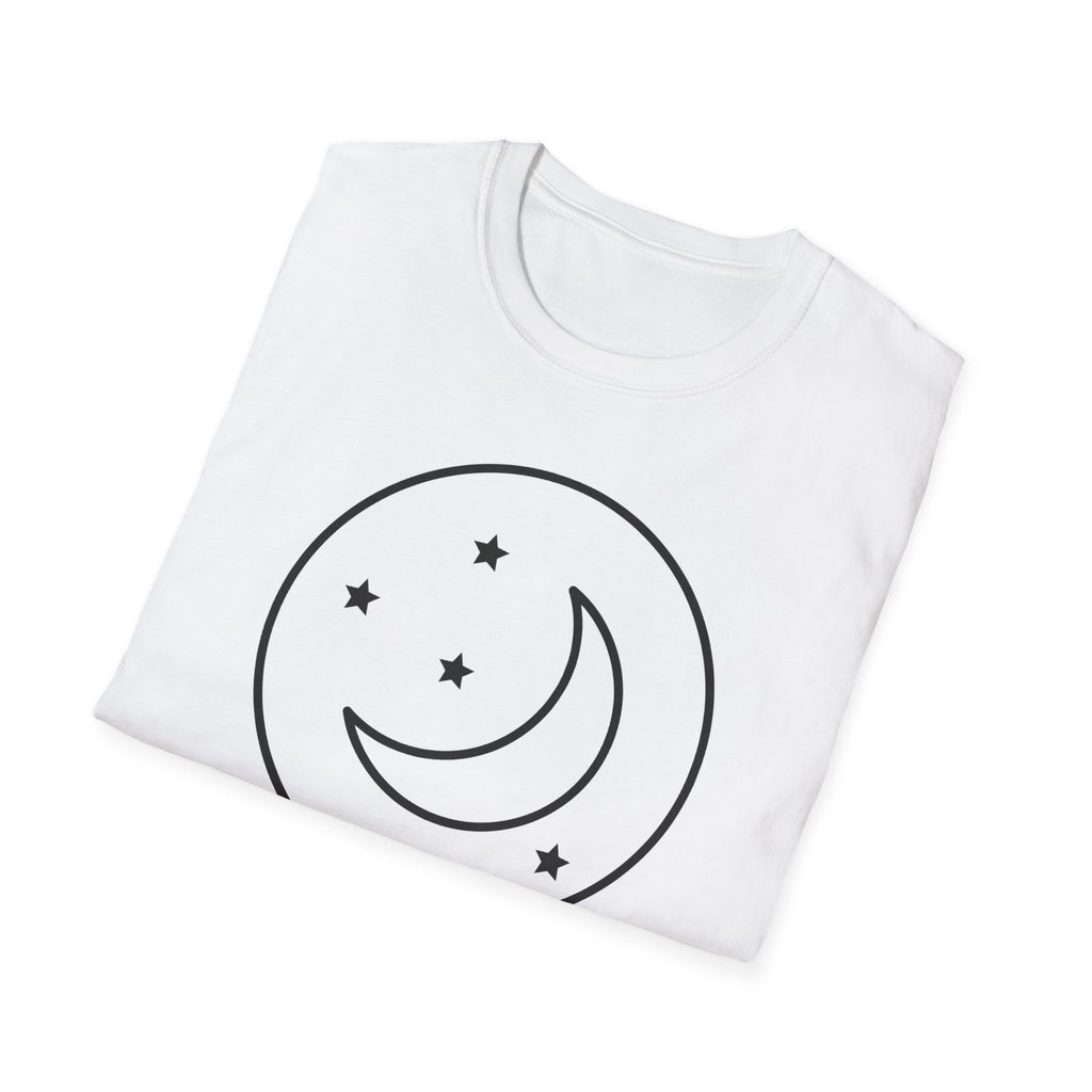 White unisex folded T-shirt with black circular moon and stars graphic