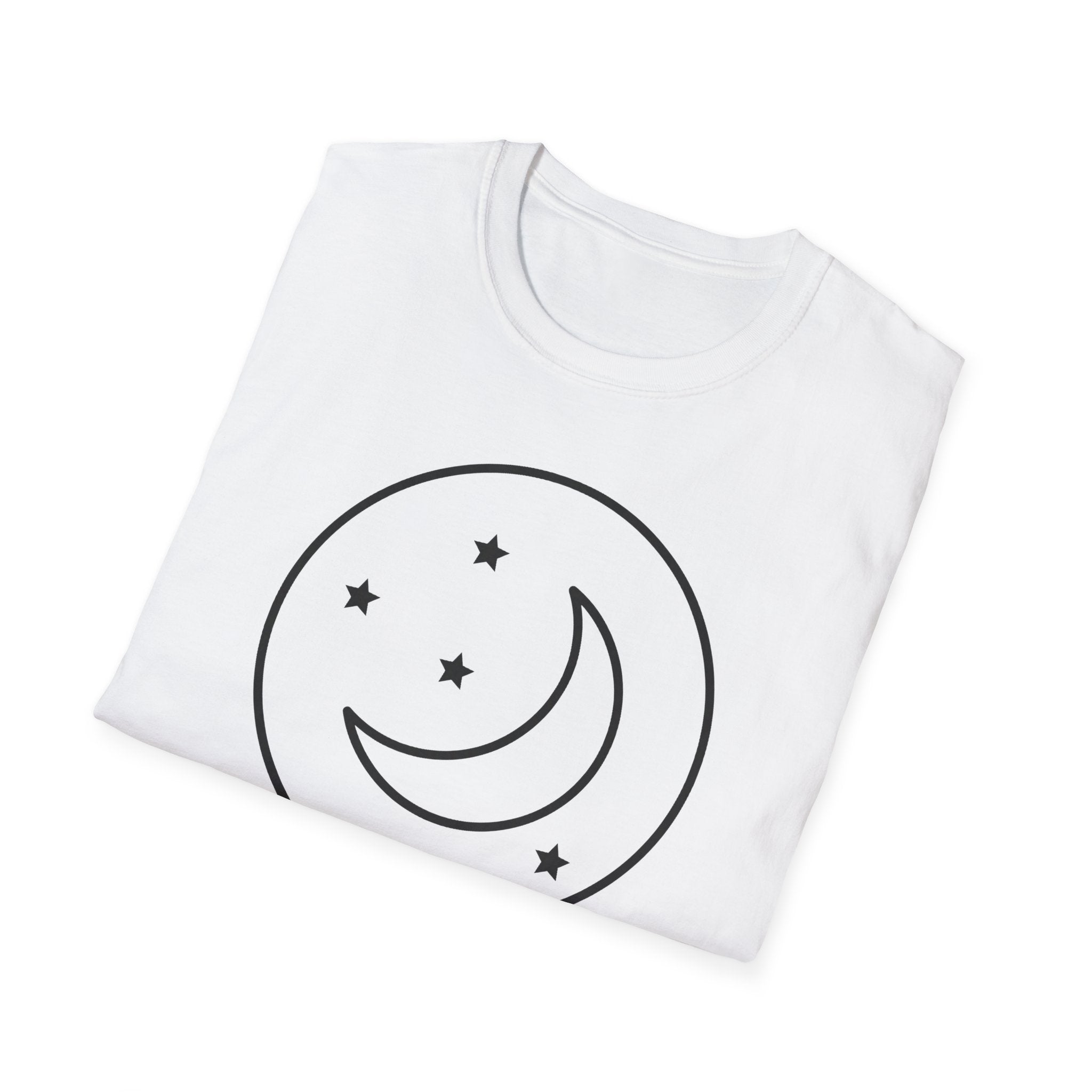 White unisex folded T-shirt with black circular moon and stars graphic