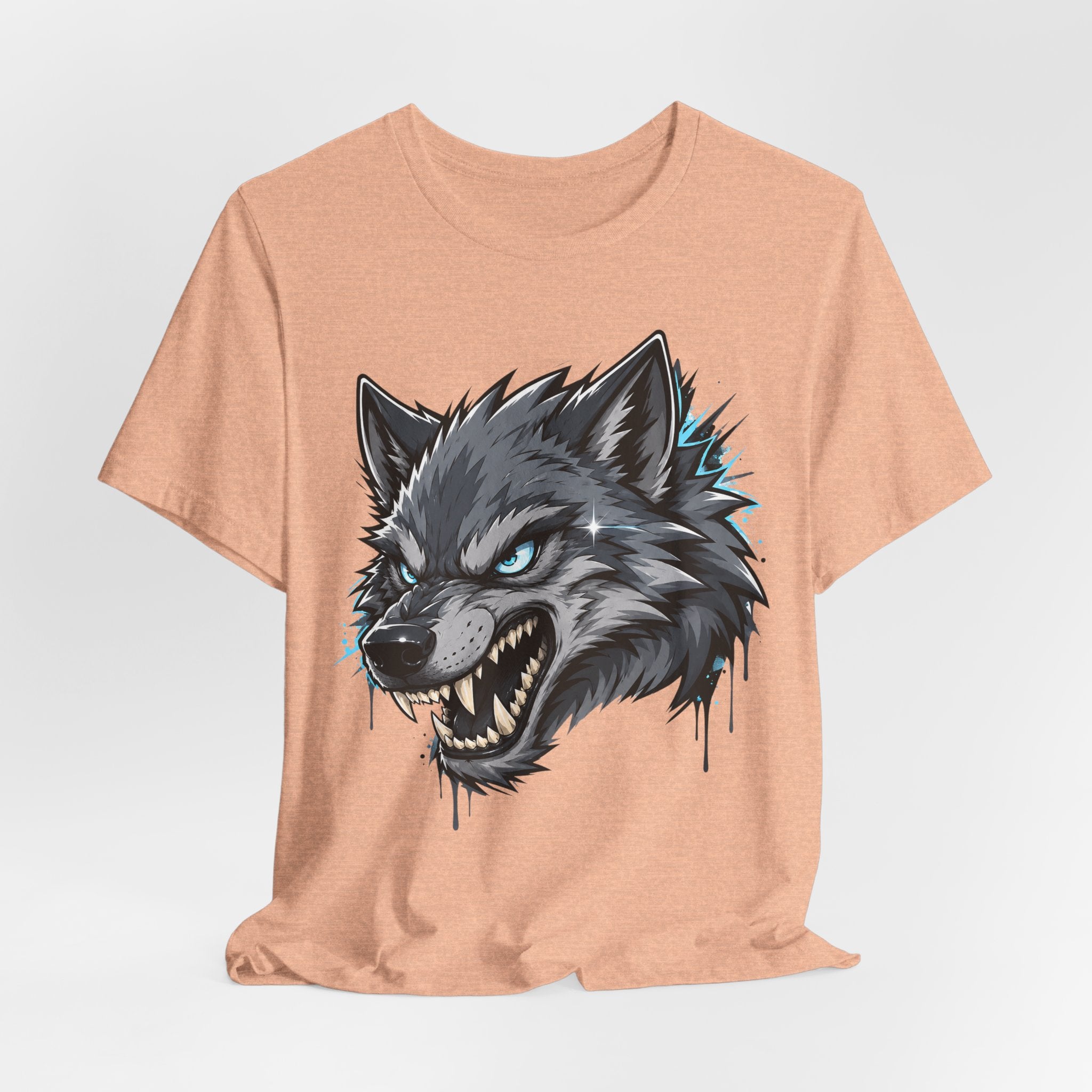 Peach short-sleeve t-shirt with snarling wolf head graphic and blue accents