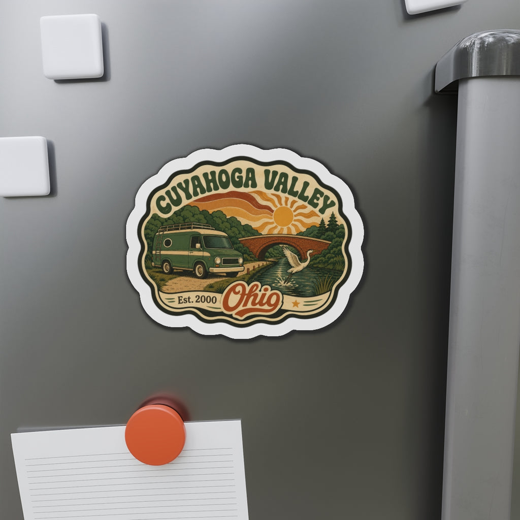 Die-cut Cuyahoga Valley Ohio fridge magnet with camper van, river and bird graphic