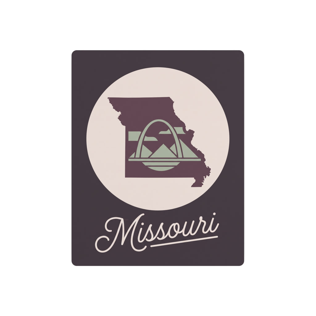 Mauve square metal wall art with Missouri silhouette, circular emblem, and script text