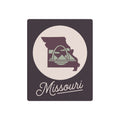 Mauve square metal wall art with Missouri silhouette, circular emblem, and script text