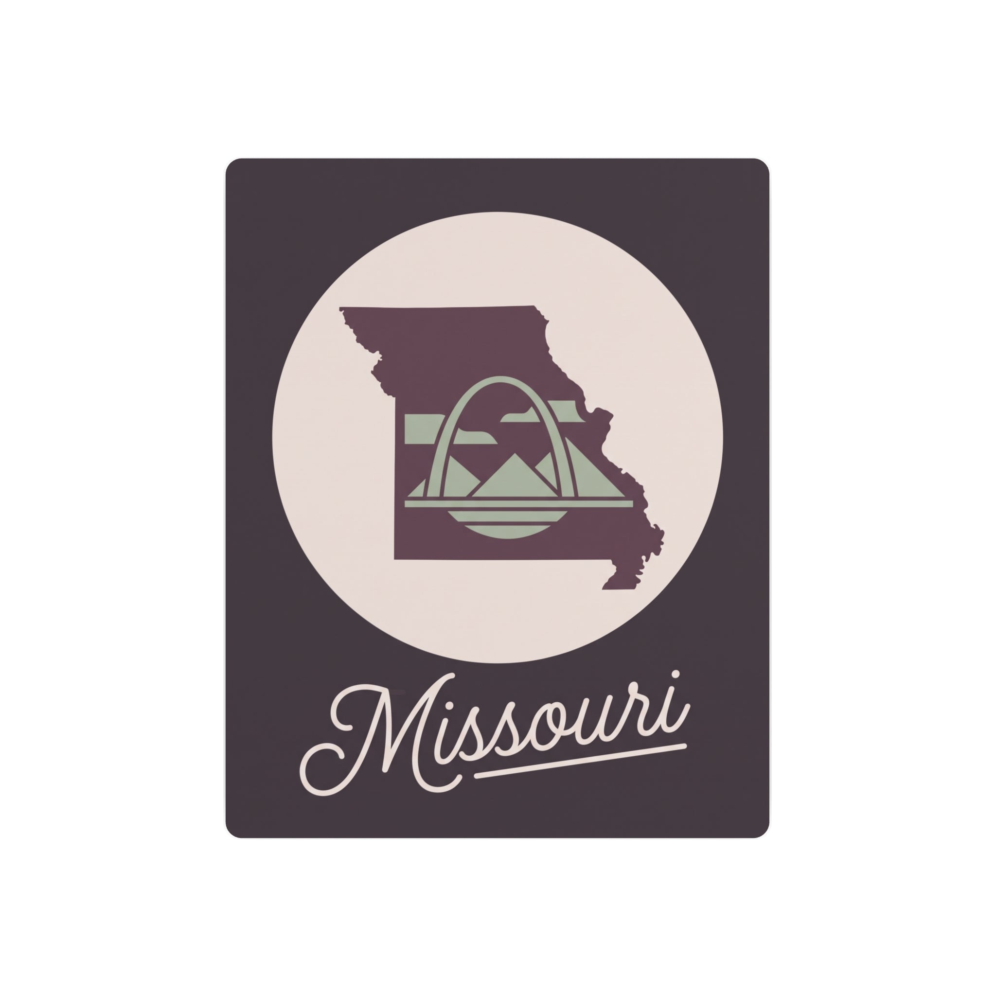 Mauve square metal wall art with Missouri silhouette, circular emblem, and script text