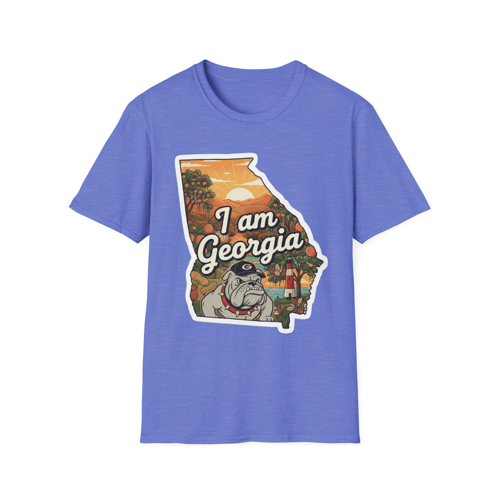 Blue T-shirt with “I am Georgia” bulldog state map sunset graphic