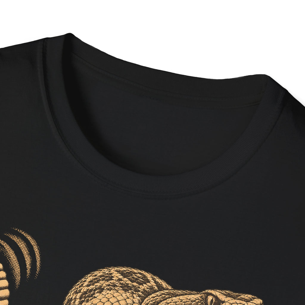 Black crewneck T-shirt with partial tan and gold coiled rattlesnake desert print