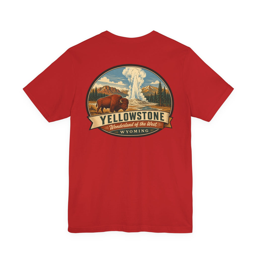Red T-shirt with large Yellowstone graphic badge featuring geyser and bison on chest