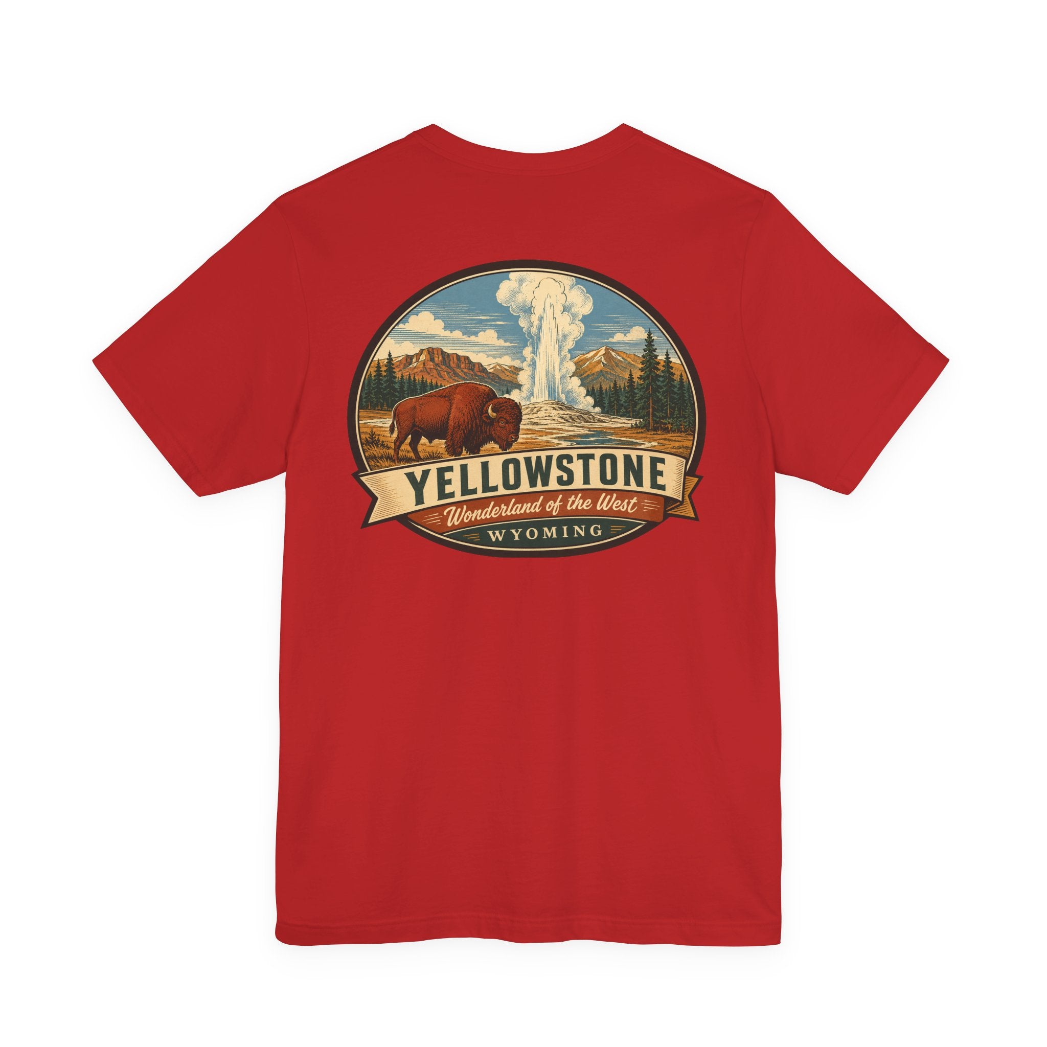 Red T-shirt with large Yellowstone graphic badge featuring geyser and bison on chest