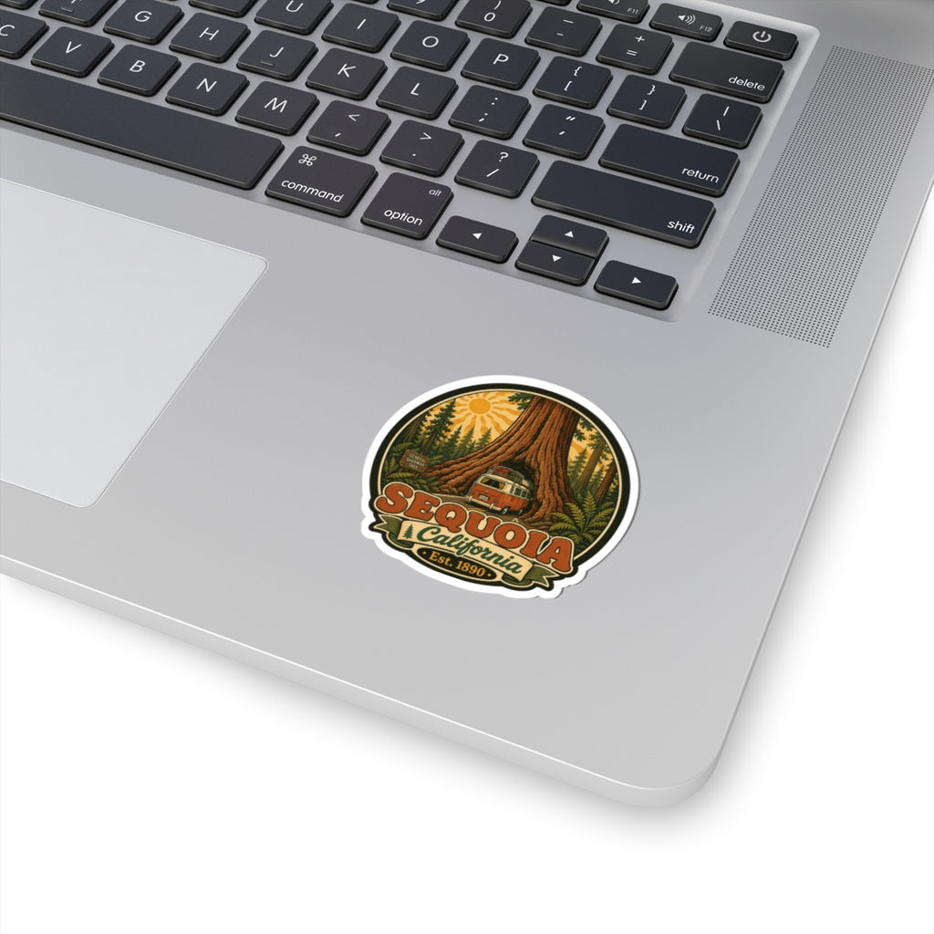Round kiss-cut sticker with Sequoia National Park logo, mountain and evergreen trees