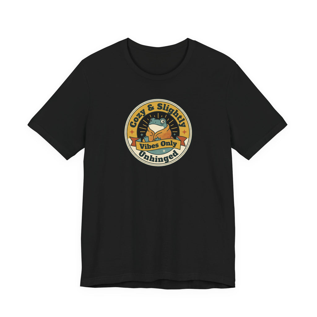 Black sloth graphic T-shirt with round badge emblem on chest