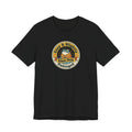 Black sloth graphic T-shirt with round badge emblem on chest