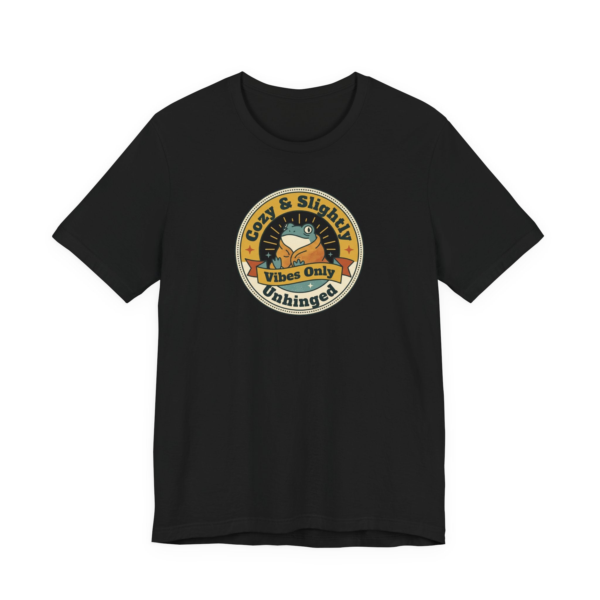 Black sloth graphic T-shirt with round badge emblem on chest