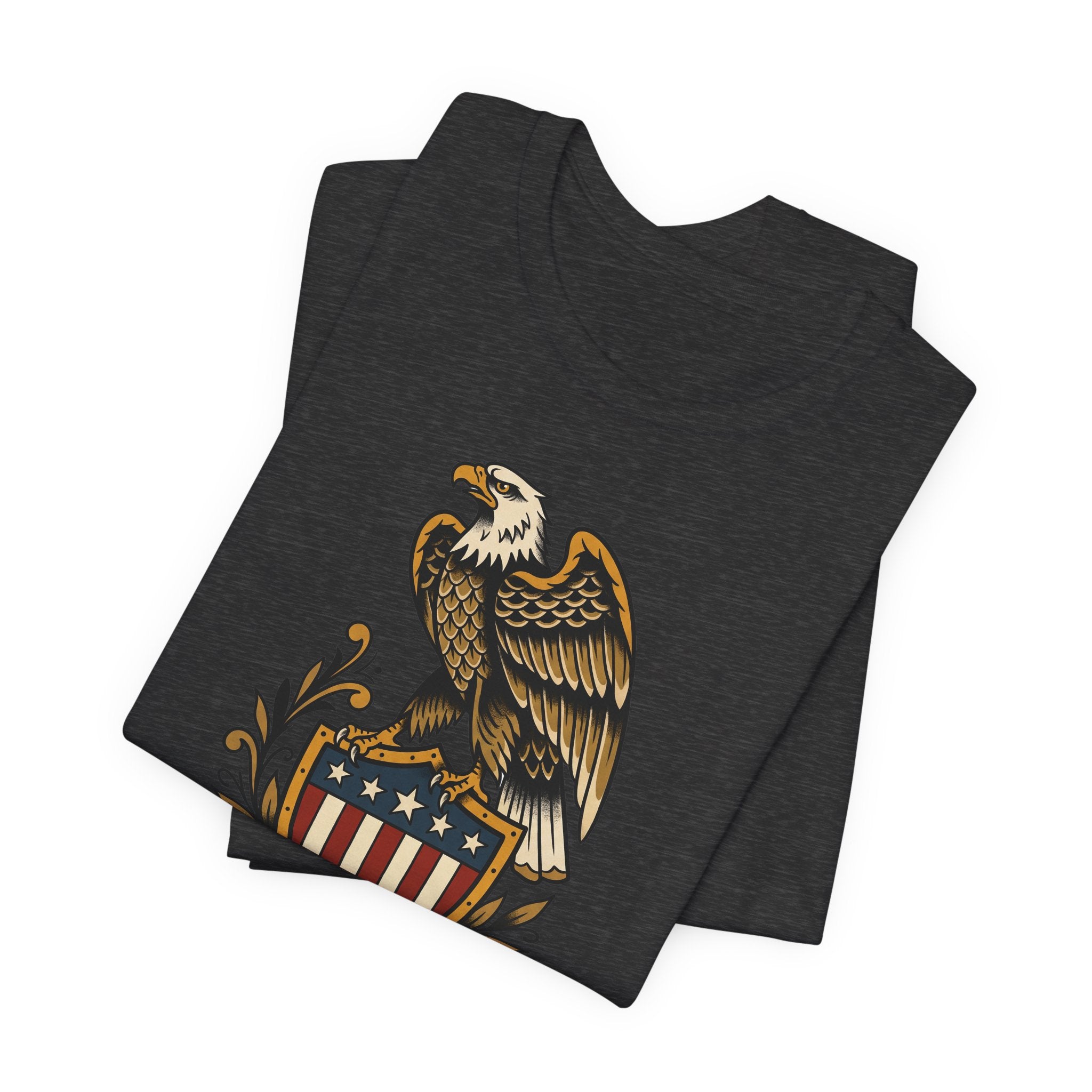 Dark heather crewneck T-shirt with eagle shield graphic print