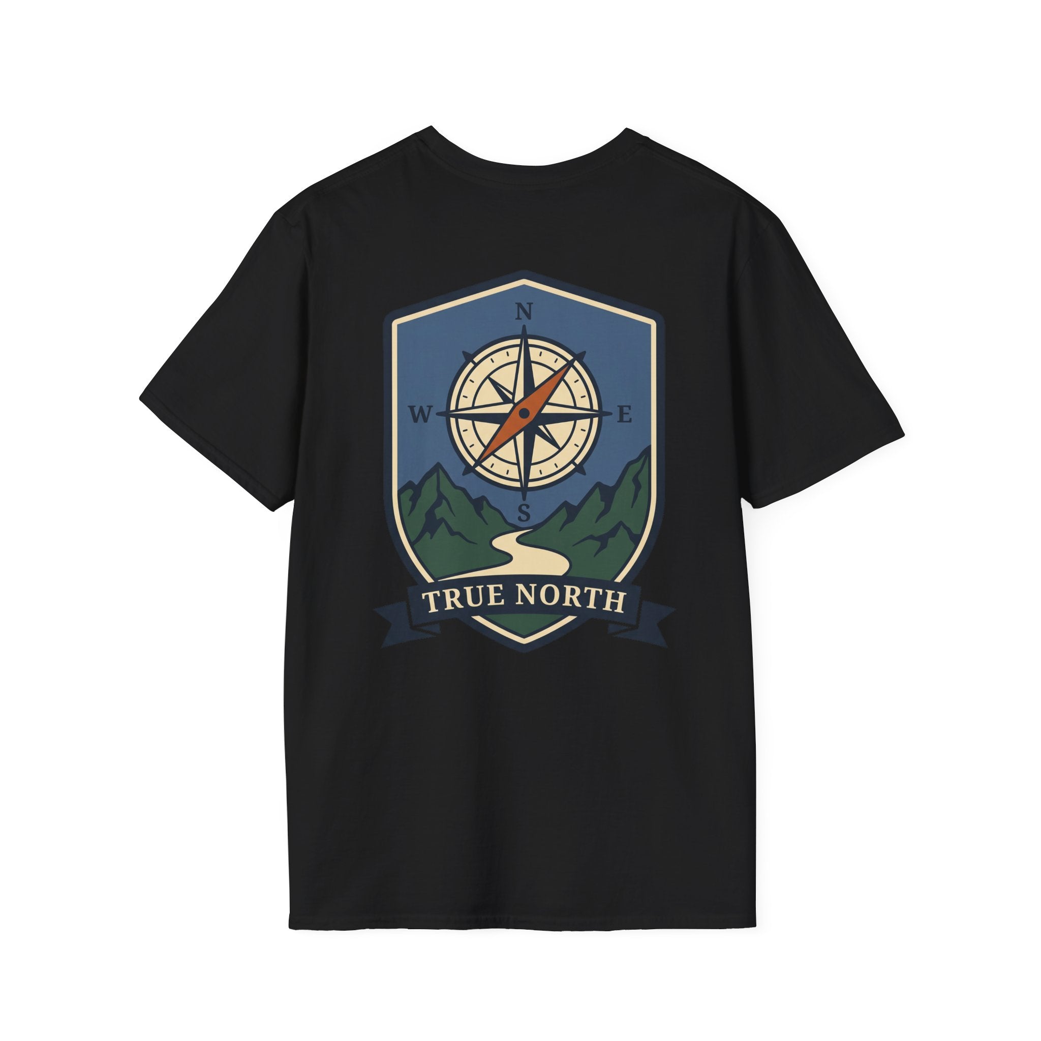 Black T-shirt with compass shield graphic and “TRUE NORTH” banner on chest