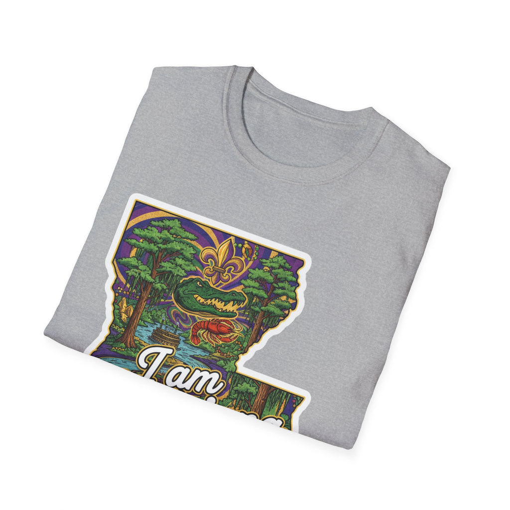 Sport grey T-shirt crew neck with edge of Louisiana map Mardi Gras graphic