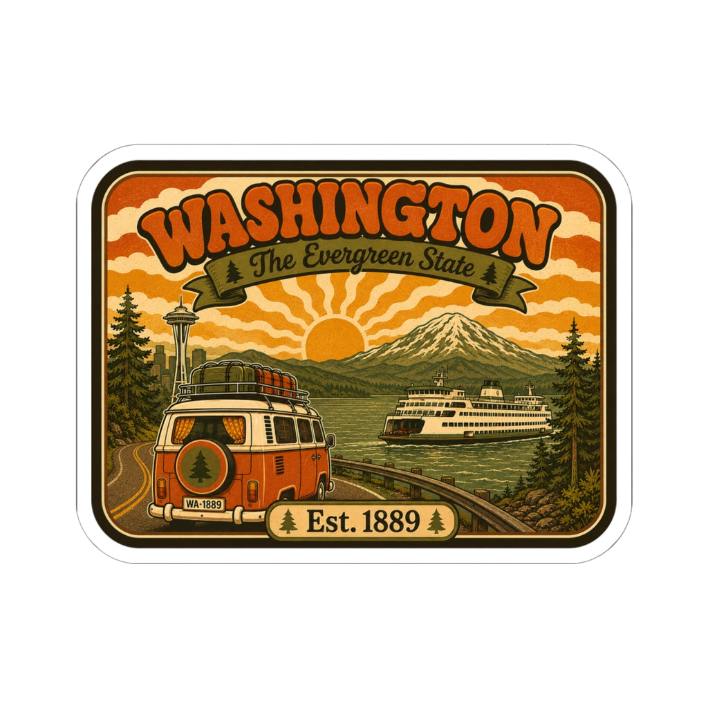 Kiss-cut Washington vintage sticker, rounded rectangle with white border and Evergreen State banner