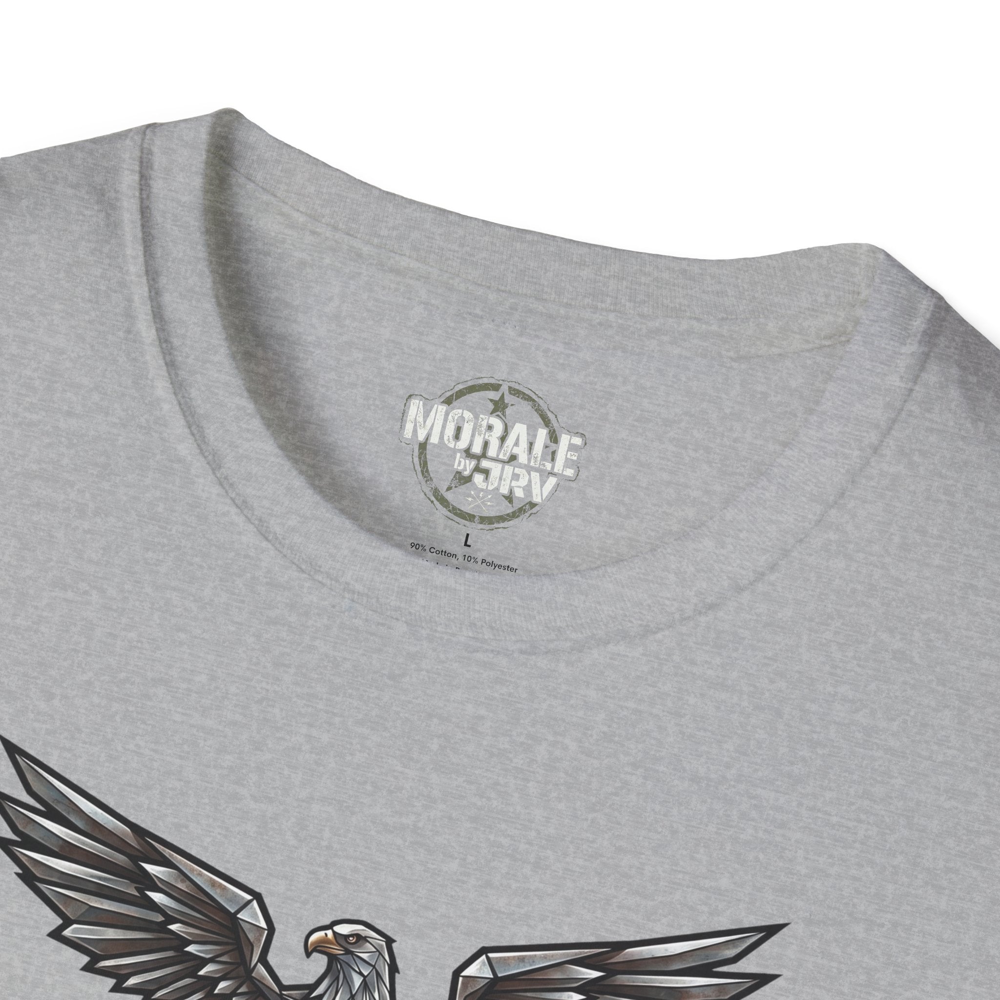 Sport grey crew-neck T-shirt with chest logo label and partial eagle wing print