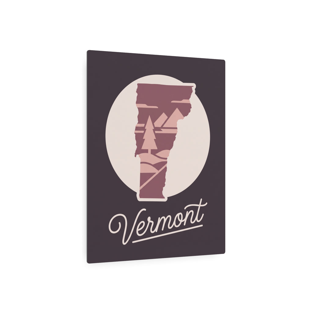 Vermont state silhouette metal wall art with mauve tones and “Vermont” script