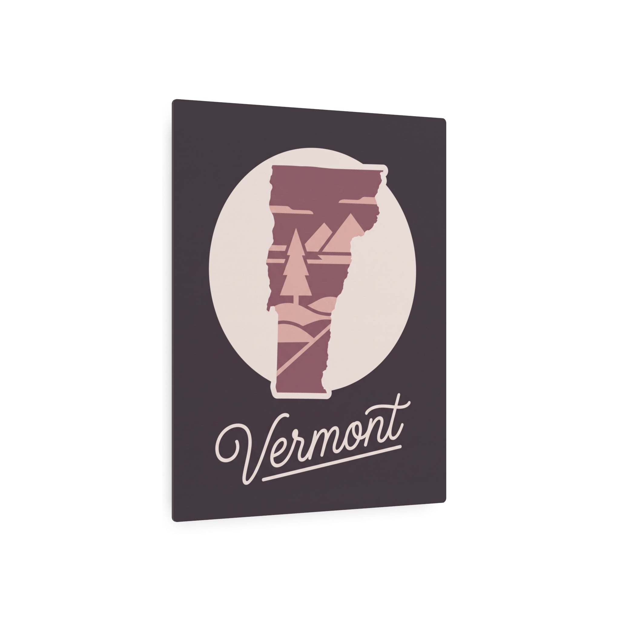 Vermont state silhouette metal wall art with mauve tones and “Vermont” script