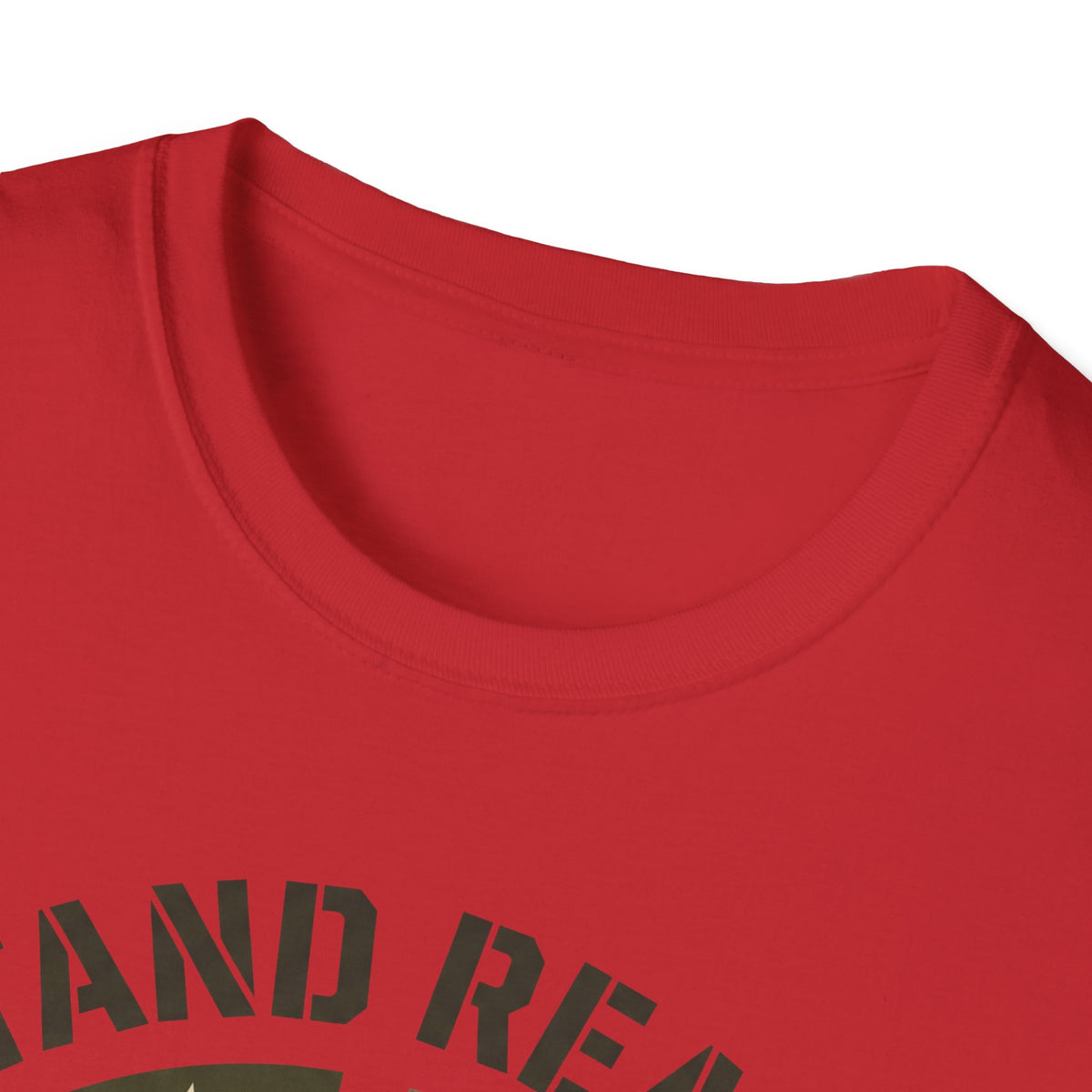 Red t-shirt close-up of crew neck and arched “STAND REA” lettering
