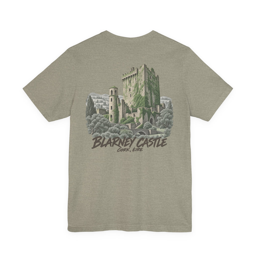Heather olive T-shirt with Blarney Castle graphic and arched text