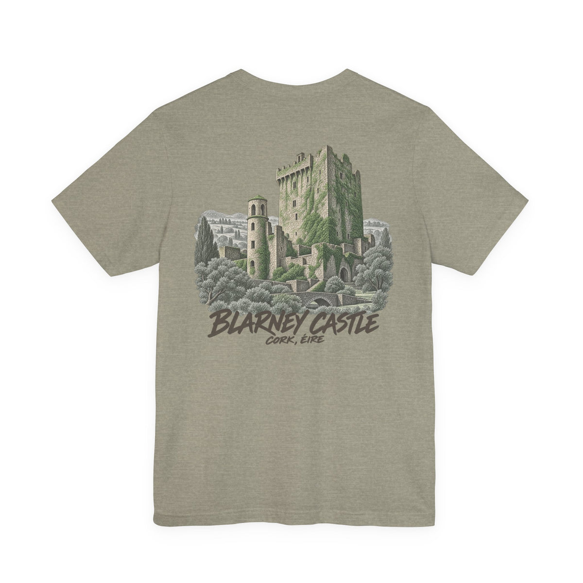 Heather olive T-shirt with Blarney Castle graphic and arched text